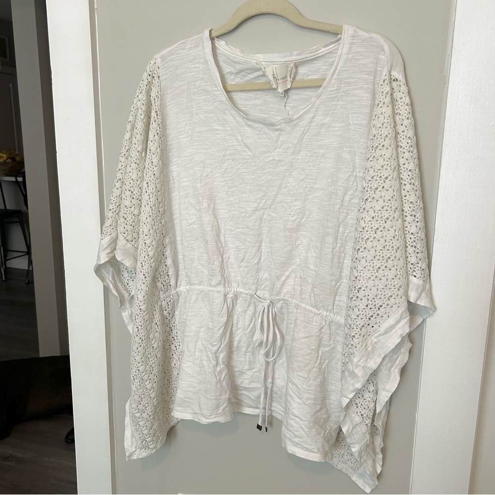 Boho Vince Camuto Cream Crochet-Sleeve Drawstring Tunic